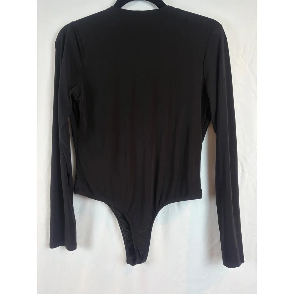 Akira Womens Deep V Neck Long Sleeve Thong‎ Bodysuit Black XL